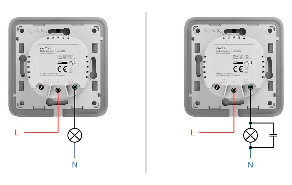 AJ-LIGHTCORE-1G | AJAX - Relé para interruptor de luz inteligente simple | Alimentación 230 V AC 50 Hz | Sin necesidad de cable neutro 