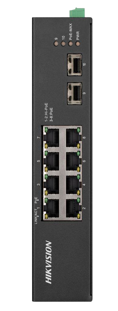 DS-3T0510HP-E/HS | HIKVISION El Switch PoE No Gestionable HIKVISION DS-3T0510HP-E/HS es la opción ideal para redes de control y seguridad en entornos industriales. Con 8 puertos Ethernet RJ45 Gigabit y 2 puertos SFP, ofrece conectividad confiable y rendimiento a alta velocidad. Sus 8 puertos PoE+ proporcionan hasta 30W cada uno, con una potencia total de 240W, ideal para alimentar cámaras IP y dispositivos PoE. Alimentado por un conector DC industrial de 2 pines y compatible con voltaje DC de 7 a 57V, este switch incluye LEDs de estado para monitoreo en tiempo real. Perfecto para entornos exigentes que requieren una infraestructura robusta y eficiente para la transmisión de datos y energía