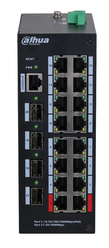 HS4420-16GT-190 | DAHUA - Switch industrial L2 de 20 puertos con 16 PoE | 2 puertos Uplink SFP Gigabit | 190W 