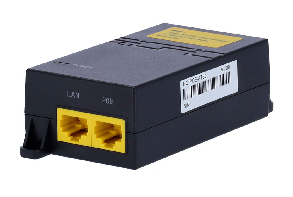 RG-POE-AT30 | RUIJIE El Ruijie RG-POE-AT30 es un inyector PoE+ compatible con IEEE802.3at, capaz de suministrar hasta 30W a 52V de potencia a través de un cable UTP. Cuenta con puertos RJ45 10/100/1000 Mbps y permite conexiones de hasta 100 metros, proporcionando una solución eficiente y compacta para redes profesionales