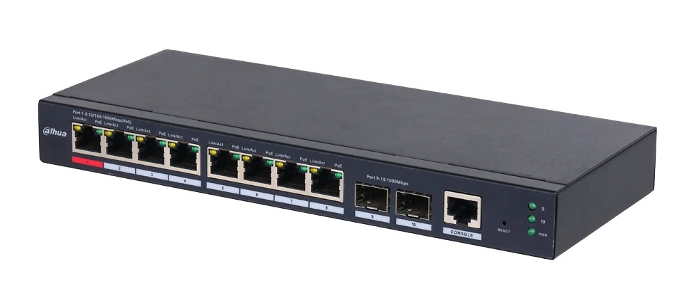 S4210-8GT-110  |  DAHUA  -  Switch de 10 puertos Gigabit con 8 PoE  |  2 puertos SFP Gigabit