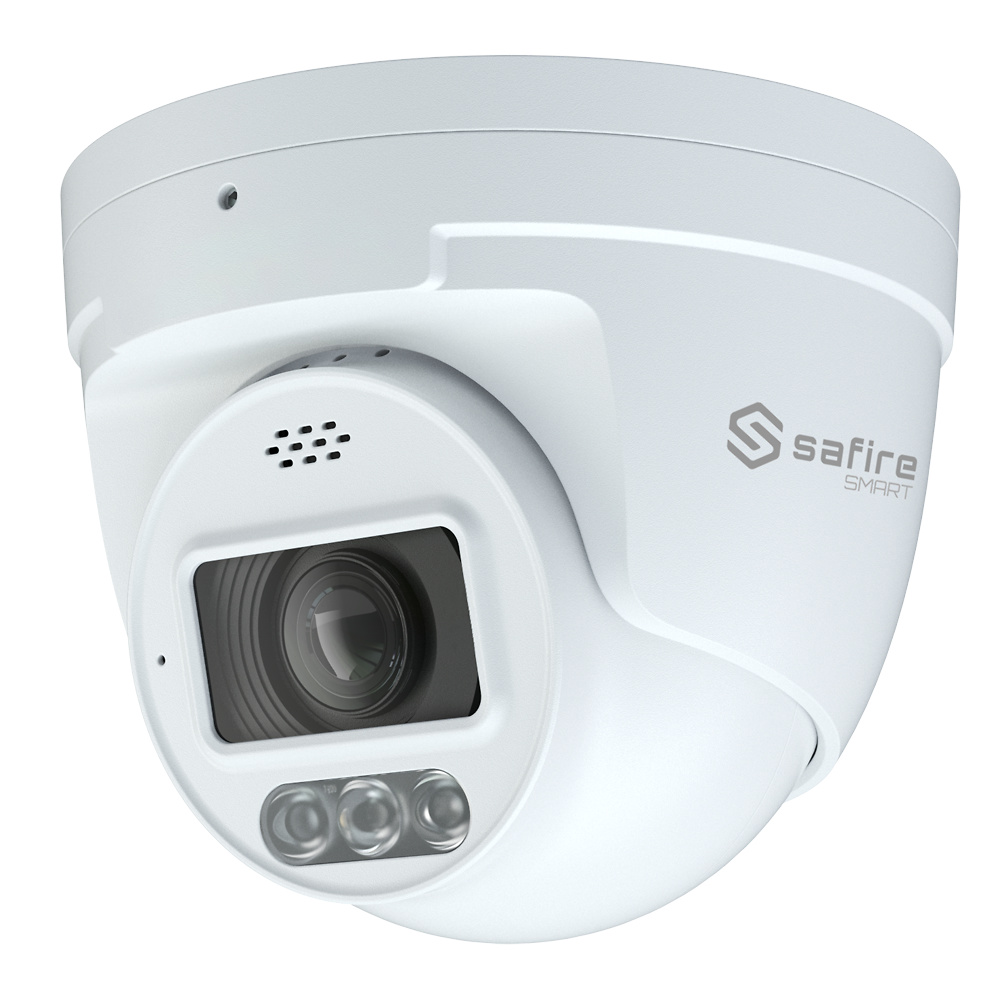 SF-IPT511ZCA-8I1-SL | SAFIRE SMART La cámara domo IP SAFIRE SMART SF-IPT511ZCA-8I1-SL de 8Mpx ofrece videovigilancia de alta precisión con inteligencia artificial avanzada para detección de humanos y vehículos. Con lente motorizada de 2.8-12 mm, luz dual IR y LED blanco de hasta 40 metros, captura imágenes claras en cualquier condición de luz. Incluye funciones de captura facial, conteo de personas y disuasión activa con flash rojo/azul y mensajes de audio personalizados. Equipado con micrófono y altavoz integrados, almacenamiento en metadatos de video y protección IP67, es ideal para exteriores y compatible con PoE y ONVIF, gestionable desde web, CMS y dispositivos móviles