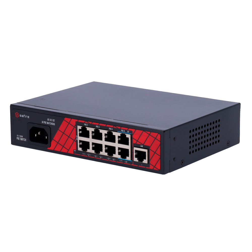 SF-SW0908HIPOE-120 | SAFIRE - Switch Hi-PoE | 6 Puertos PoE+ 30W + 2 Puertos Hi-PoE 60W | No Gestionable 