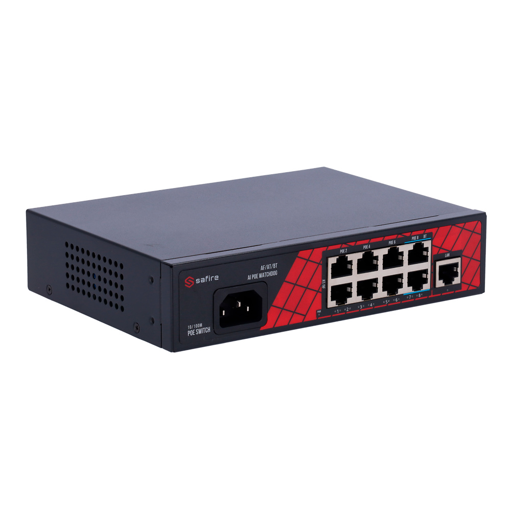 SF-SW0908HIPOE-120 | SAFIRE - Switch Hi-PoE | 6 Puertos PoE+ 30W + 2 Puertos Hi-PoE 60W | No Gestionable 