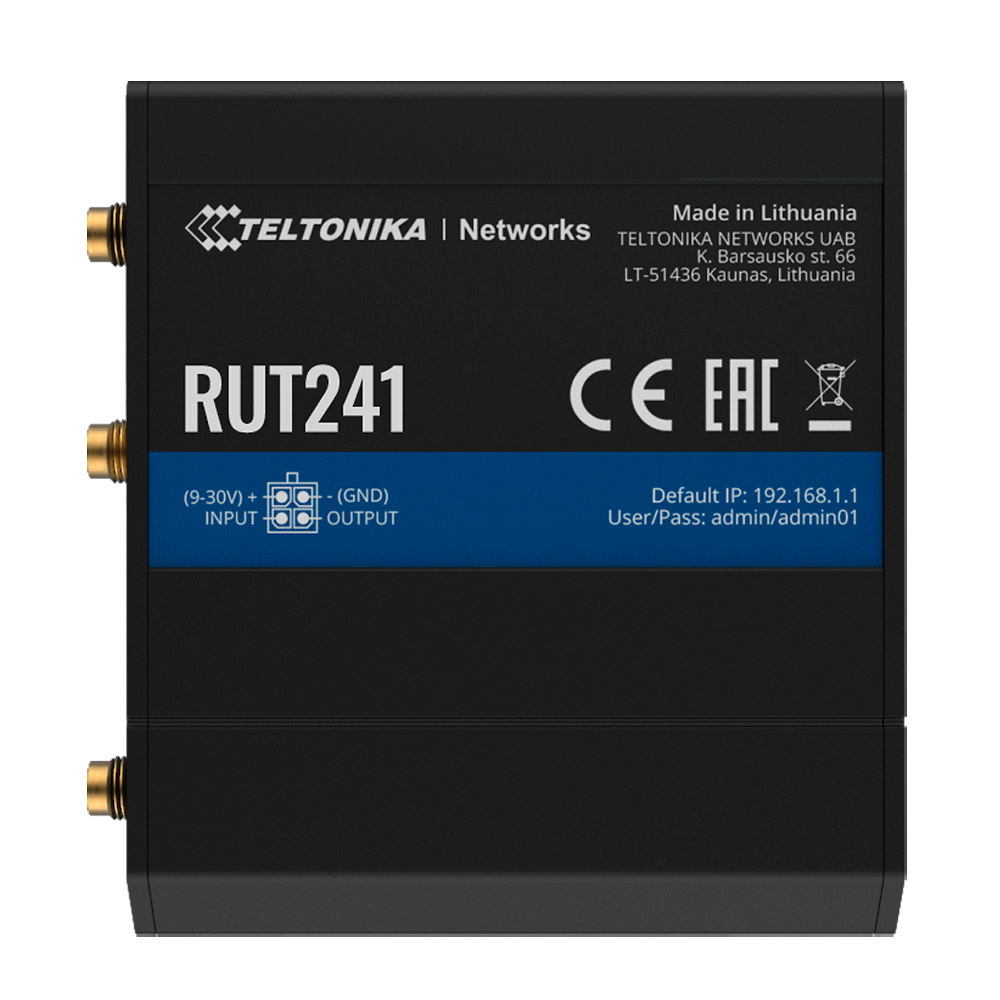 TK-RUT241 | TELTONIKA El Teltonika TK-RUT241 es un router 4G industrial compacto y robusto, compatible con 4G Cat4, 3G y 2G. Dispone de 1 ranura SIM, 2 puertos Ethernet RJ45, conectividad Wi-Fi 2.4GHz 802.11b/g/n, y 1 entrada/salida digital. Equipado con 2 conectores SMA para LTE y 1 RP-SMA para Wi-Fi, cuenta con 128MB RAM y CPU de 580MHz. Alimentación DC 9-30V, ideal para entornos industriales exigentes