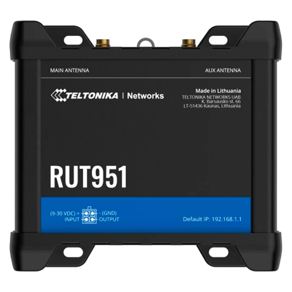 TK-RUT951 | TELTONIKA El router 4G industrial TELTONIKA es una solución robusta y versátil para conectividad en entornos exigentes. Compatible con redes 4G Cat4, 3G y 2G, incluye 2 slots SIM para garantizar conexión redundante y estable. Equipado con 4 puertos Ethernet RJ45 Fast Ethernet y Wi-Fi 802.11b/g/n a 2.4GHz, permite conectar múltiples dispositivos de forma eficiente. Sus 2 antenas LTE (SMA) y 2 Wi-Fi (RP-SMA) garantizan una señal óptima, mientras que las entradas/salidas digitales facilitan la integración con sistemas industriales. Alimentado por un conector DC de 4 pines (9-30V) y con LEDs de estado para monitoreo, es ideal para aplicaciones de control, vigilancia y seguridad