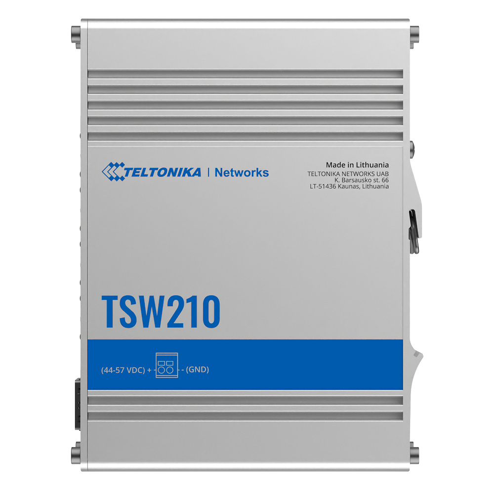 TK-TSW210 | TELTONIKA El switch industrial no gestionable TELTONIKA modelo TK-TSW210 es ideal para aplicaciones de control, vigilancia y seguridad en entornos exigentes. Con 8 puertos Ethernet RJ45 Gigabit y 2 puertos SFP Gigabit, ofrece conectividad rápida y confiable para dispositivos de red en entornos industriales. Su diseño rugerizado y alimentación DC de 7 a 57V con conector de 2 pines aseguran un funcionamiento robusto y adaptable a condiciones extremas. Fácil de instalar con tecnología Plug and Play y LEDs de estado para monitoreo rápido, este switch es una solución eficiente para infraestructuras críticas de seguridad y control