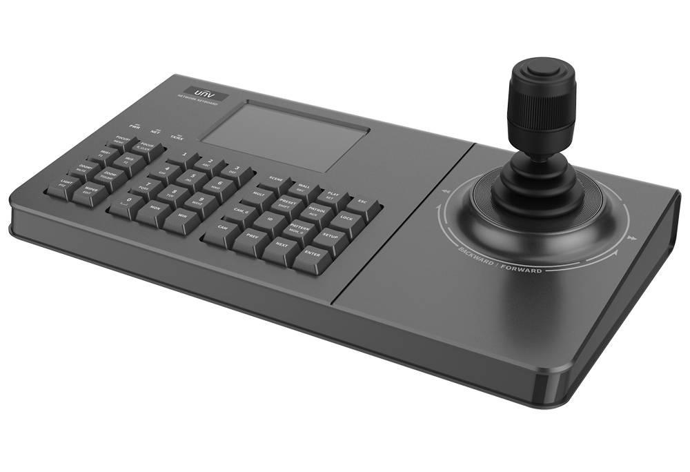 Uniview | UV-KB-1100-E El teclado de red Uniview KB-1100-E es una herramienta esencial para el control eficiente de sistemas de videovigilancia. Equipado con una pantalla de 4 pulgadas y un joystick de cuatro dimensiones, permite manejar cámaras PTZ con precisión. Su diseño intuitivo y disposición de botones facilitan su uso, mientras que las múltiples interfaces, incluyendo RS232, RS485 y RJ45, aseguran una integración versátil en diversas configuraciones de seguridad