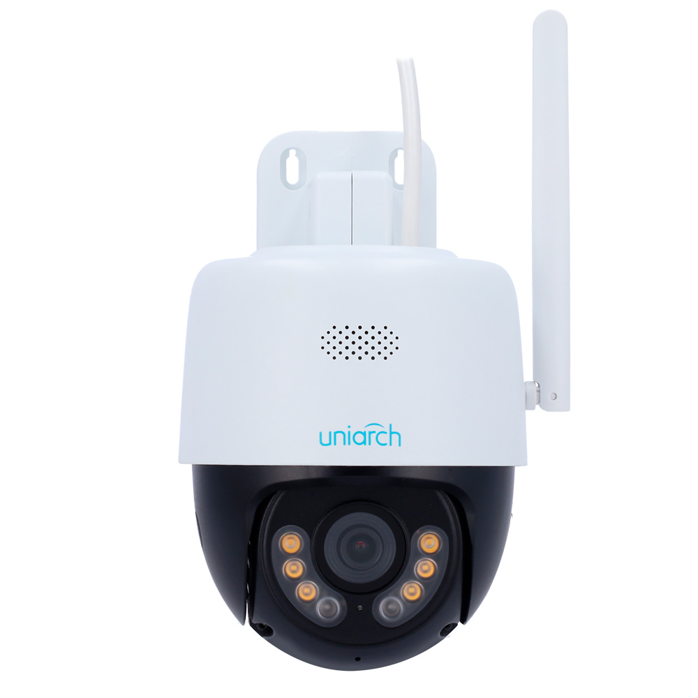 UNIARCH Cámara PT La UV-UHO-P1H-M3F4D es una cámara domo PT IP de 3 Mpx con detección de movimiento y audio, WiFi y almacenamiento microSD hasta 512 GB. Su IR de 30 m y luz blanca de 10 m mejoran la visión nocturna. IP66 para exteriores