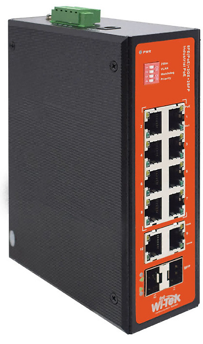 WI-PS212GF-I V2  |  WI-TEK  -  Switch PoE Rugerizado de 8 PoE Fast + 1 RJ45 Gigabit + 1 SFP Gigabit 